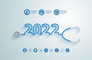 estetoscopio de diseño creativo 2022 año nuevo e iconos planos médicos en concepto de tecnología de medicina, plantilla de diseño moderno de ilustración vectorial vector