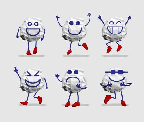 Vector paper ball crumpled sheet with drawing cartoon faces comic emotions