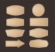 Wooden stickers label collection. Set of various shapes wood sign boards for sale price and discount stickers, banners, badges. Vector illustration