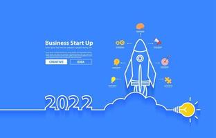 Startup business 2022 new year rocket launch with creative light bulb ideas concept design, Vector illustration flat modern layout template