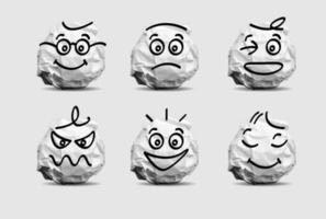 Vector paper ball crumpled sheet with drawing cartoon faces comic emotions