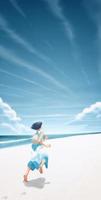 a young woman running on a white sand beach with the background of a beautiful blue sky and clouds vector