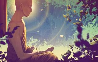 a male monk is seeing the noble truths of the universe in his meditation vector