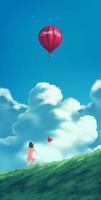 a little girl holding a red balloon and starring a big gas balloon in red floating in the sky