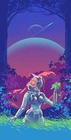 a lady in a spacesuit is exploring the mysterious forest on an unknown planet.