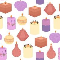 Seamless pattern with modern burning trendy candles. Decorative wax aromatic candles, home aromatherapy, interior decoration. Vector background.