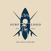 logotipo, icono y símbolo vintage de surf, con diseño de ilustración de vector de emblema