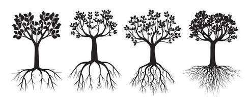 Set black Trees with Roots. Vector Illustration.