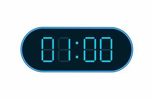 Vector flat illustration of a digital clock displaying 01.00. Illustration of alarm with digital number design. Clock icon for hour, watch, alarm signs