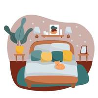 Modern Bedroom with furniture, bed, plant and sleeping little cat. Flat vector illustration. Cozy interior. Cartoon style