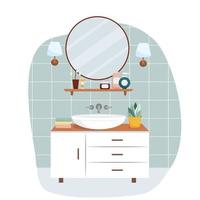 interior de baño de dibujos animados. Fregadero moderno con mesa, espejo y toallas de baño. ilustración vectorial de estilo plano