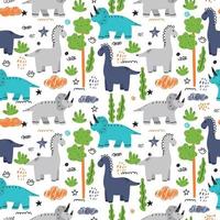 Bright childish seamless pattern with dinosaurs. Cute animals, trees, bushes and Doodle elements. Colorful cartoon vector illustration for kids decor and textiles.