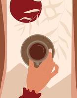 Hand with coffee cup on background of nature. Abstract illustration in retro style for design of posters and cafes. vector