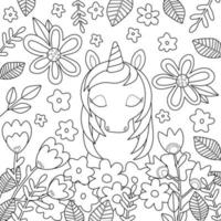 Childrens coloring book with cute unicorn flowers. Simple shapes, contour for kids. Vector illustration of square page with editable stroke
