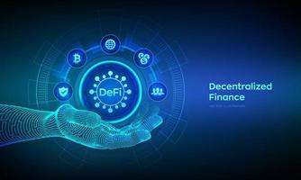 DeFi. Decentralized Finance icon in robotic hand. Blockchain, decentralized financial system. Business technology concept on virtual screen. Vector illustration.