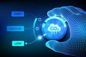 Carbon dioxide emissions control. Reduce CO2 to limit global warming and climate change. Wireframe hand setting a carbon dioxide level button on lowest position. CO2 reduction. Vector illustration.