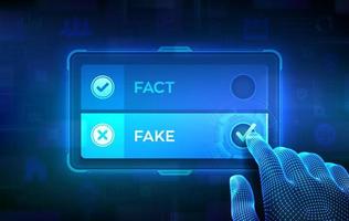 Fact or Fake. Making decision. Concept of thorough fact-checking or easy compare evidence. Hand on virtual touch screen ticking the check mark on Fake button. Vector illustration.