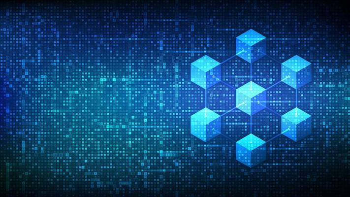Blockchain technology background made with binary code. Information blocks in cyberspace. Decentralized network. Fintech cryptocurrency. Matrix background with digits 1.0. Vector illustration.