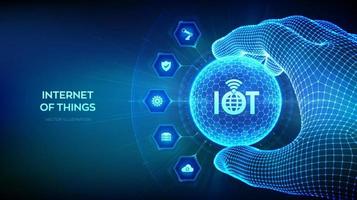 IOT. Internet of things logo in the shape of sphere with hexagon pattern in wireframe hand. Everything connectivity device concept network, and business with internet. Vector illustration.