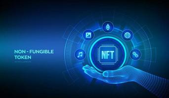 NFT icon in wireframe hand. Non-fungible token digital crypto art blockchain technology concept on virtual screen. Investment in cryptographic. Vector illustration.