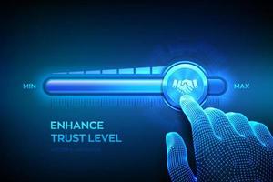 Trust concept. Increasing confidence Level. Wireframe hand is pulling up to the maximum position progress bar with the trust icon. High confidence level concept. Vector illustration.