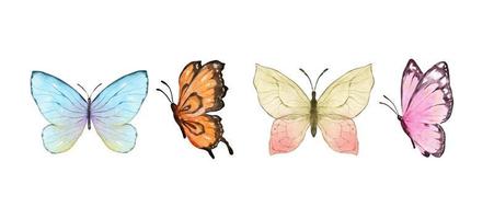 acuarela de mariposas de colores aislado sobre fondo blanco. mariposa azul, naranja, amarilla y rosa. Ilustración de vector de animales de primavera