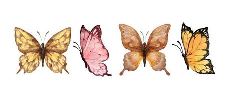 acuarela de mariposas de colores aislado sobre fondo blanco. mariposa marrón, rosa, amarilla y naranja. Ilustración de vector de animales de primavera