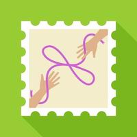 Postage stamp depicting hands tied with a purple ribbon in the shape of infinity. Isolated vector image on a green background. Design element or vector poster.