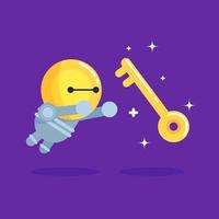 Bulb Robot Trying to Reach Golden Key Flat Design Vector Illustration