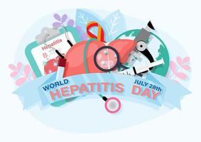 concepto del día mundial de la hepatitis con herramientas médicas y globo en diseño vectorial. vector