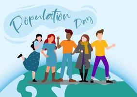 Group of people in cartoon character and flat style standing with population day banner on global and blue gradient background. World Population day poster's campaign in vector design.