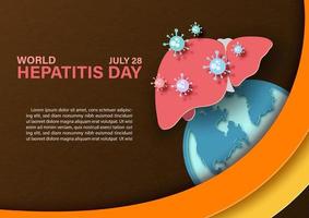 Human liver with hepatitis virus symbols and wording of world hepatitis day, example texts on global and brown paper pattern background. World Hepatitis Day campaign's poster in papercut style. vector