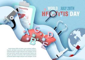 Concept of world hepatitis day with medical tools and globe in vector design.