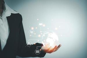 Concept global data connection with internet technology, user using smartphone for online transactions by internet technology, big data, database management, cloud computing, cashless society. photo