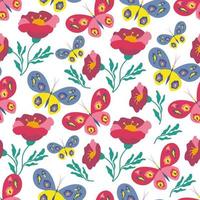 Floral background with butterflies, bright flowers seamless pattern. Vector illustration