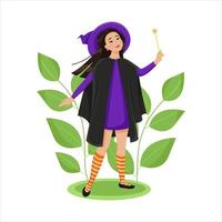 A cute witch in a robe and a big hat with a magic wand in her hand, a black cat at her feet. Vector illustration in flat style