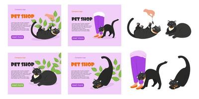 Pet shop banner set. Black cat with a collar. Vector illustration in flat style