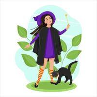 A cute witch in a robe and a big hat with a magic wand in her hand, a black cat at her feet. Vector illustration in flat style