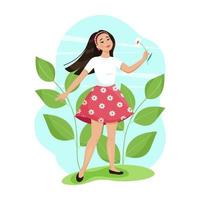 Cute smiling girl with a flower in her hand. A female character in a floral skirt. Vector illustration in flat cartoon.