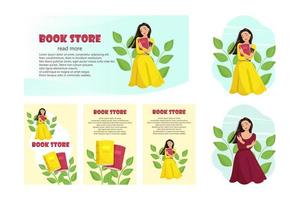 Girl with books in hands, read more concept. Banner for bookstore set. Vector illustration in flat style.