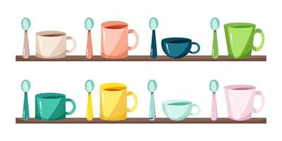 Colored cups of different shapes and spoons set. Vector illustration in flat style. Isolated objects