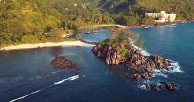 árvores verdes e água azul clara da ilha mahe no coração do oceano índico, seychelles video