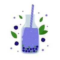 Blueberry smoothie design. Fresh bilberry drink in glass bottle for healthy nutrition. Refreshing summer drink with berries vector