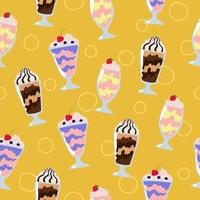 Milkshakes seamless pattern. Cartoon summer desserts with cream on yellow background. vector