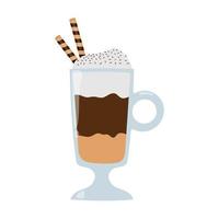 Glass irish mug of latte with whipped cream and waffle. Hand drawn illustration in cartoon flat style vector