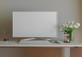 maqueta de pared con mesa en la sala de estar con una pared blanca sala de estar moderna con monitor. mesa de muebles de diseño interior escandinavo y plantas con paredes blancas. copie el espacio representación 3d foto