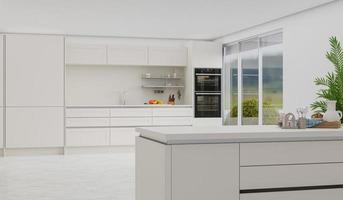 cooking room with a dinning table - wall. 3D rendering. photo