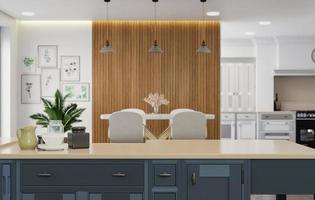 cooking room with a dinning table - wall. 3D rendering. photo