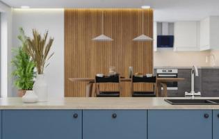 cooking room with a dinning table - wall. 3D rendering. photo