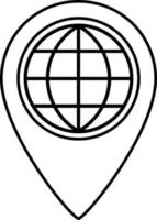 Map pin icon with globe in outline style, vector pointer.
